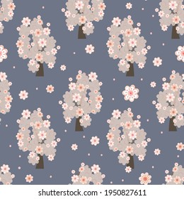Seamless floral pattern of sakura, apple or cherry blossom garden with flying flowers, petals. Vector illustration for wallpaper, textile, background in pink pastel colors on warm gray blue background.