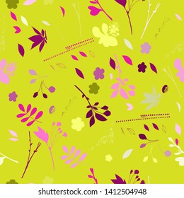 Seamless floral pattern. Sakura branches with flowers and leaves and some herbs. Botanical illustration. Hand drawn doodle, sketch. Vector.