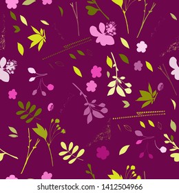 Seamless floral pattern. Sakura branches with flowers and leaves and some herbs. Botanical illustration. Hand drawn doodle, sketch. Vector.