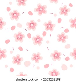 Nahtlose Blumenmuster mit sakuralen Kirschblüten auf weißem Hintergrund. Flache Vektorgrafik.