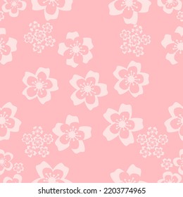 Patrón floral sin foco con flores de cerezo sakura sobre fondo rosa. Ilustración vectorial plana.