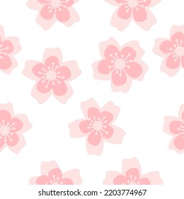 Seamless floral pattern with sakura cherry blossoms on pink background. Flat vector illustration.