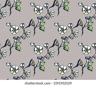 Seamless floral pattern with  sakura flowers and ornamental decorative background. Vector pattern. Print for textile, cloth, wallpaper, scrapbooking