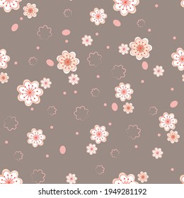 Seamless floral pattern of sakura flowers, apple trees with petals and stamens. Vector illustration for wallpaper, textile, background in pink pastel colors on warm gray background.