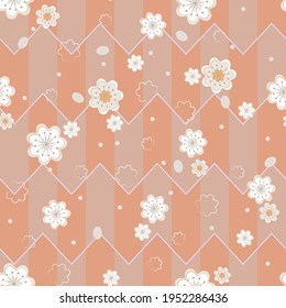 Seamless floral pattern of sakura flowers, apple trees with petals and stamens on geometric background. Vector illustration for wallpaper, textile, background in pink and gray pastel colors.