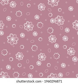 Seamless floral pattern of sakura flowers, apple trees with petals and stamens. Vector illustration for wallpaper, textile, background in pink pastel colors.