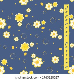 Seamless floral pattern of sakura flowers, apple trees with petals and stamens. Vector illustration for wallpaper, textile, background in golden pastel colors on blue background.