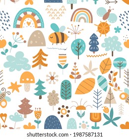 Seamless floral pattern Scandinavian fabric print. Kids nursery wall art woodland vector illustration.