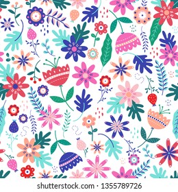 Seamless floral pattern in scandinavian folk style vector. White background. Illustration