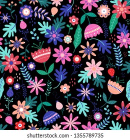 Seamless floral pattern in scandinavian folk style vector. Black background. Illustration