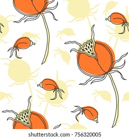 Seamless floral pattern in the Scandinavian style. Dog-rose fruit.