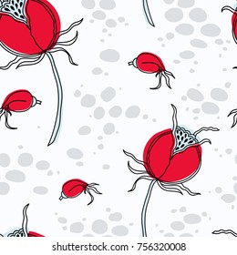 Seamless floral pattern in the Scandinavian style. Dog-rose fruit.