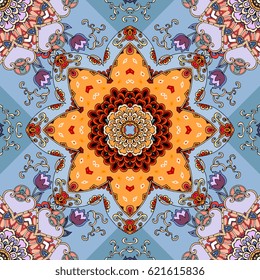 Seamless floral pattern. Scarf with sun mandala. Lovely tablecloth.