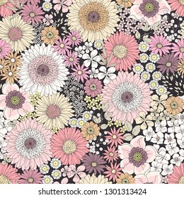 Seamless floral pattern with scattered flowers. Vector illustration in vintage style.