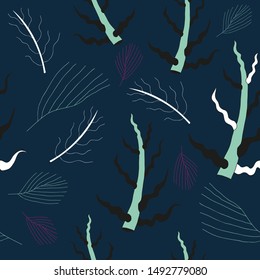 Seamless floral pattern. Seaweed and some plants on a dark background. It can be used as a wallpaper, cover, print on fabric.