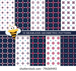 Seamless floral pattern set, abstract decorative shapes, blue and white  seamless pattern, minimalistic style