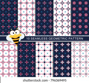 Seamless floral pattern set, abstract decorative shapes, blue and white  seamless pattern, minimalistic style