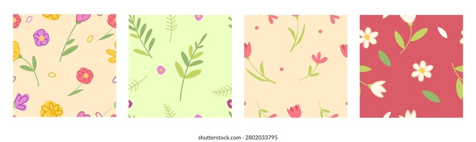 Seamless floral pattern, set of ditsy motifs, cartoon vector illustrations. Color backgrounds with wildflowers and leaves, spring and summer prints, cute simple childish or girly style backdrops