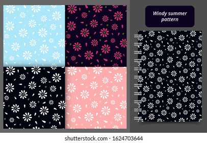 Seamless floral pattern set of doodle flowers with elements. Vector repeating flower background for print, textile, fashion, wallpaper, cover, backdrop, card design.