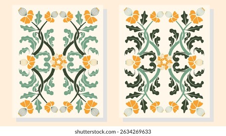 Seamless floral pattern set featuring stylized yellow-orange flowers with green leaves, arranged symmetrically on a light background in an Art Nouveau inspired design. for fashion print or wallpapper