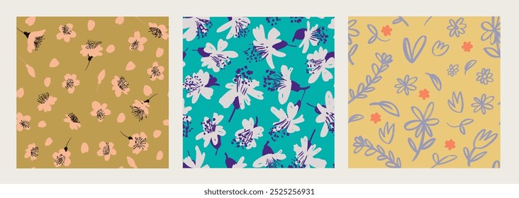 Seamless floral pattern set, flower print in romantic brush stroke style. Set of botanical in pastel hand drawn with a dry brush wild flowers, leaves in abstract composition. Vector Seamless floral.