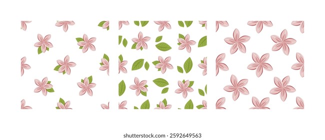 Seamless floral pattern set with pink lotus flowers and green leaves in flat style on white background

