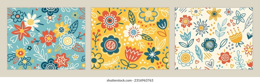Seamless floral pattern. Set of prints with blooming flowers and leaves in scandinavian style. Colorful repeating background with plants for textiles and wallpapers. Abstract flat vector illustration