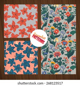 Seamless floral pattern set. Seamless summer tiny floral patterns on wood background. Flowers texture.