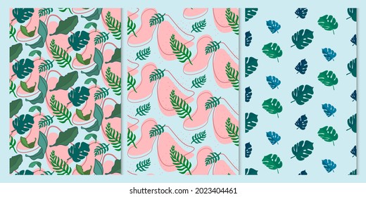 Seamless floral pattern set with tropical leaves and geometric shapes. Summer pattern for cover, fabric and decor.