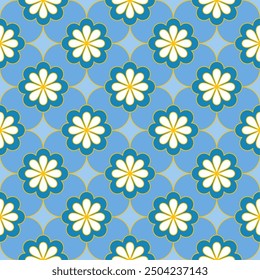 Seamless floral pattern in shades of blue and white with golden lines. Suitable for textile designs, fabrics, prints, wraps, tiles, wallpapers, backgrounds, etc.