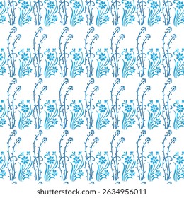 Seamless floral pattern in shades of blue with elegant repeating flower and foliage arrangement