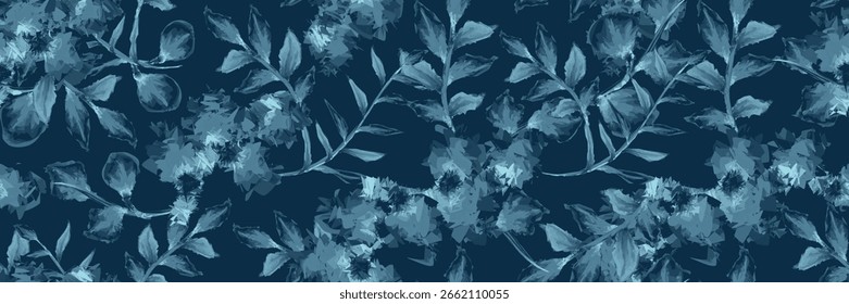 
Nahtloses Blumenmuster in Blautönen auf dunklem Hintergrund. Vektorgrafik eines schönen abstrakten Blumenhintergrundes. Stilvolles tropisches Blumenmuster mit exotischen Blättern. Aquarellstil
