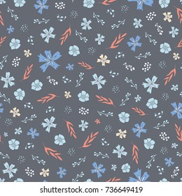 Seamless floral pattern in shades of dusty blue, faded red and cream. 