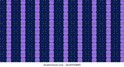 Seamless floral pattern in shades of purple and lilac on deep blue background.