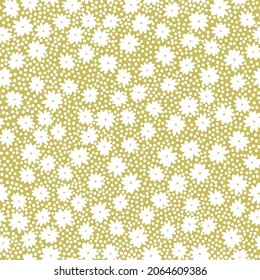 Seamless floral pattern. A shallow background of small white flowers and dots. Small flowers scattered on a mustard background. Stock vector for printing on surfaces and web design.