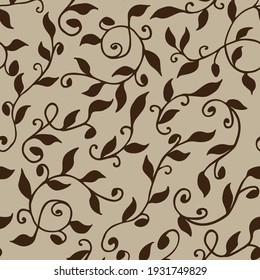 seamless floral pattern of shoots with leaves and curls, dark brown on a beige background
