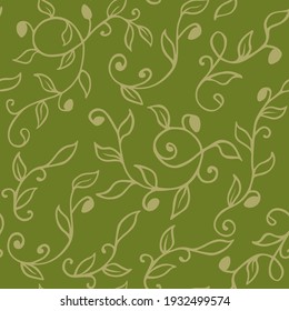 seamless floral pattern of shoots with leaves and curls in olive green shades