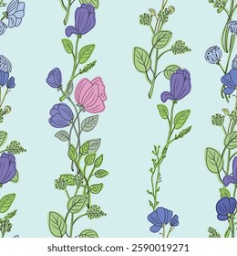 Seamless floral pattern showcasing beautiful pink purple and blue flowers. Sketchy vector with wildflowers