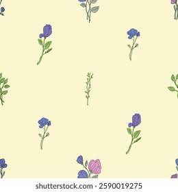 Seamless floral pattern showcasing beautiful pink purple and blue flowers. Sketchy vector illustration