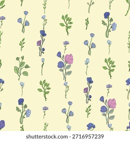 Patrón floral sin fisuras que muestra hermosas flores de color rosa púrpura y azul. Ilustración vectorial incompleta con flores silvestres