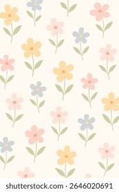 Padrão floral sem emenda apresentando flores suaves cor-de-rosa e amarelas com folhas verdes em um fundo creme claro. Perfeito para tecido, papel e design digital.