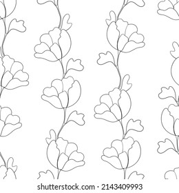 Seamless floral pattern silhouette art line ornaments. Black and white background with flowers. Vector illustration. Simple minimalistic pattern. Contour graphics for invitation, card, textile, fabric