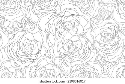 Nahtlose Blumenmuster Silhouette-Kunstlinien-Ornamente. Schwarz-weißer Hintergrund mit Blumen. Vektorgrafik. Einfaches minimalistisches Muster. Contour-Grafik für Einladung, Karte, Textilien, Stoff