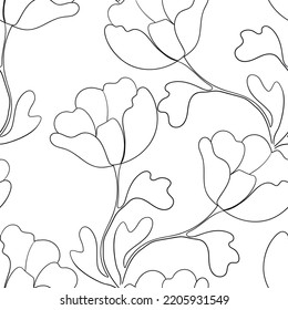 Seamless floral pattern silhouette art line ornaments  Black   white background and flowers  Vector illustration  Simple minimalistic pattern  Contour graphics for invitation  card  textile  fabric