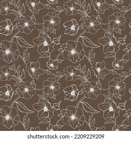 Seamless floral pattern. Silhouette. Line art. Dark brown background. White line art flowers. Fabric print. Textile. Interior. Brown.