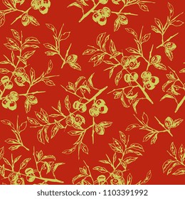 Seamless floral pattern with silhouetted branches of blackthorn shrub. Based on hand drawn sketch.