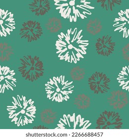 Seamless floral pattern with silhouetted daisy flowers. Monochrome hand drawn sketches on green background.