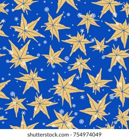 Seamless floral pattern with silhouetted leaves and snowflakes.