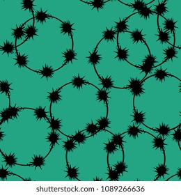 Seamless floral pattern with silhouetted round wreaths of stylized thistle.