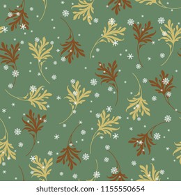 Seamless floral pattern with silhouetted tree leaves and snowflakes.